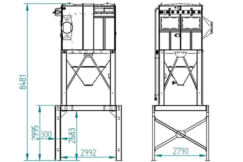 Schéma technique d'un système industriel de filtration et aspiration des poussières, avec dimensions indiquées.
