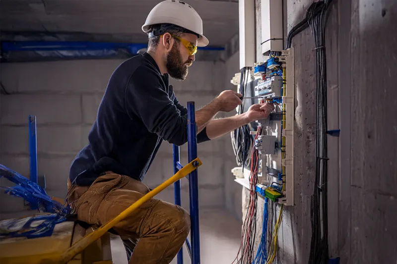 Technicien électricien en train de travailler sur l'installation d'un circuit électrique dans un environnement industriel, équipé de son casque et de lunettes de sécurité.